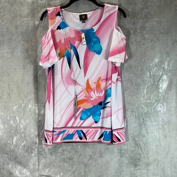JM Collection Women's Pink Combo Tropical-Print Scoopneck Cold-Shoulder Top SZ M - Picture 1 of 11